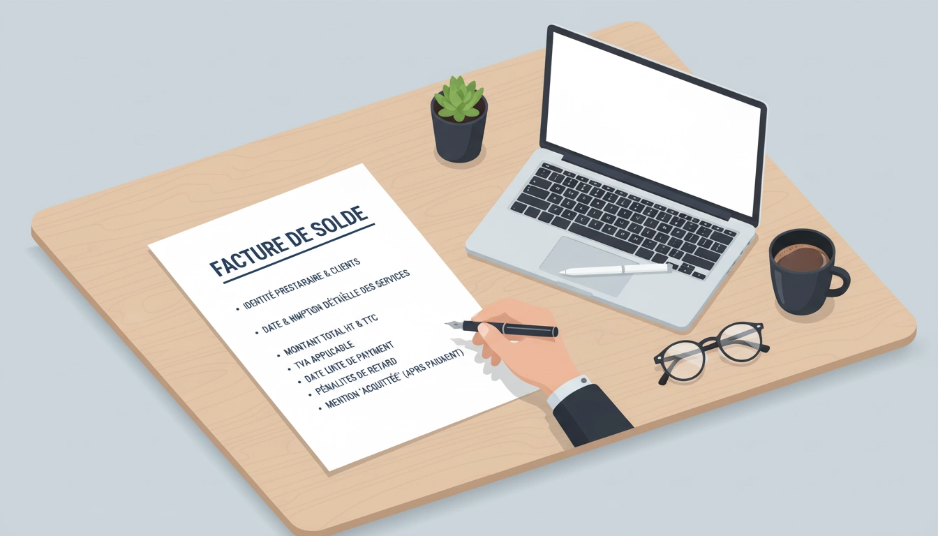 Illustration d'une facture de solde professionnelle pour une prestation de service avec toutes les mentions légales