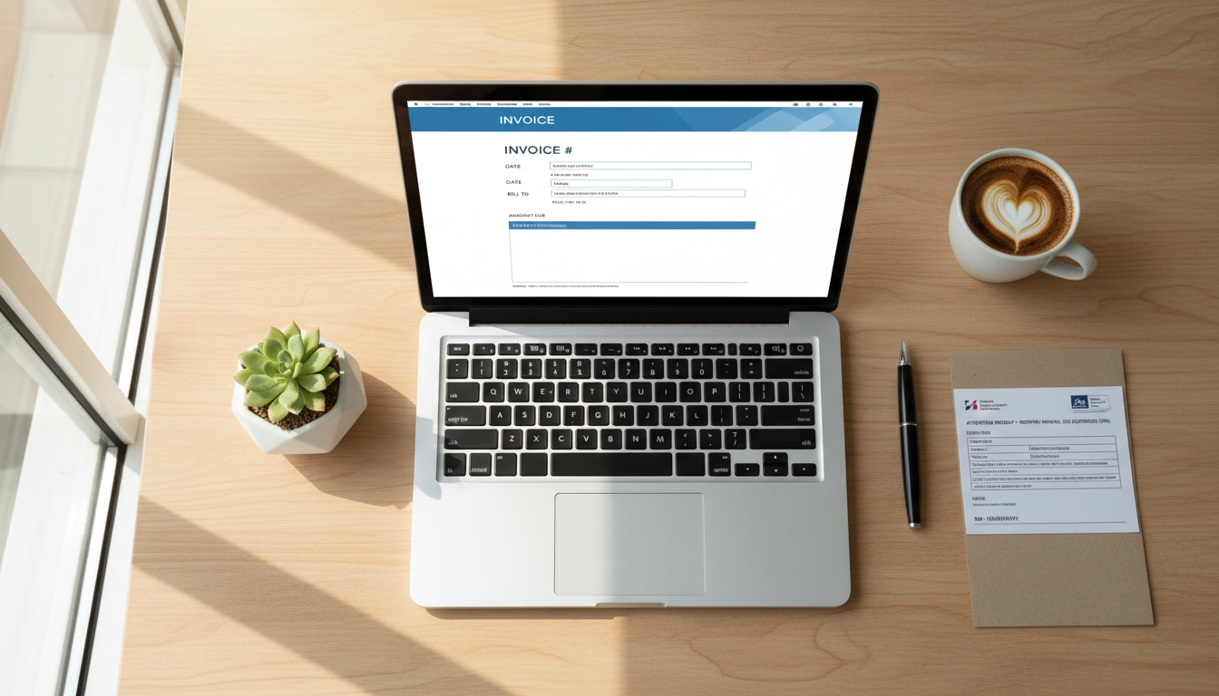 Bureau d'un micro-entrepreneur avec les mentions obligatoires micro-entrepreneur visibles sur un modèle de facture ouvert sur ordinateur