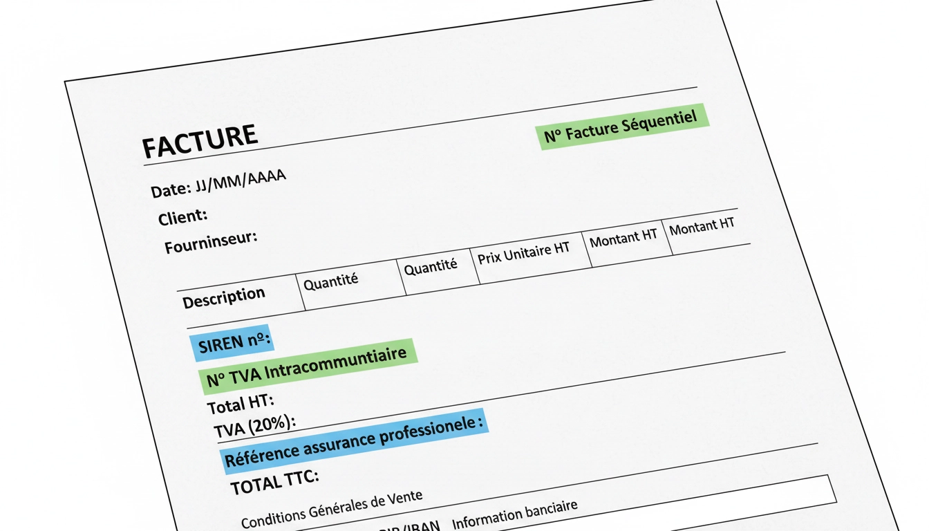 Illustration d'une facture professionnelle française avec toutes les mentions obligatoires d'un micro-entrepreneur mises en évidence