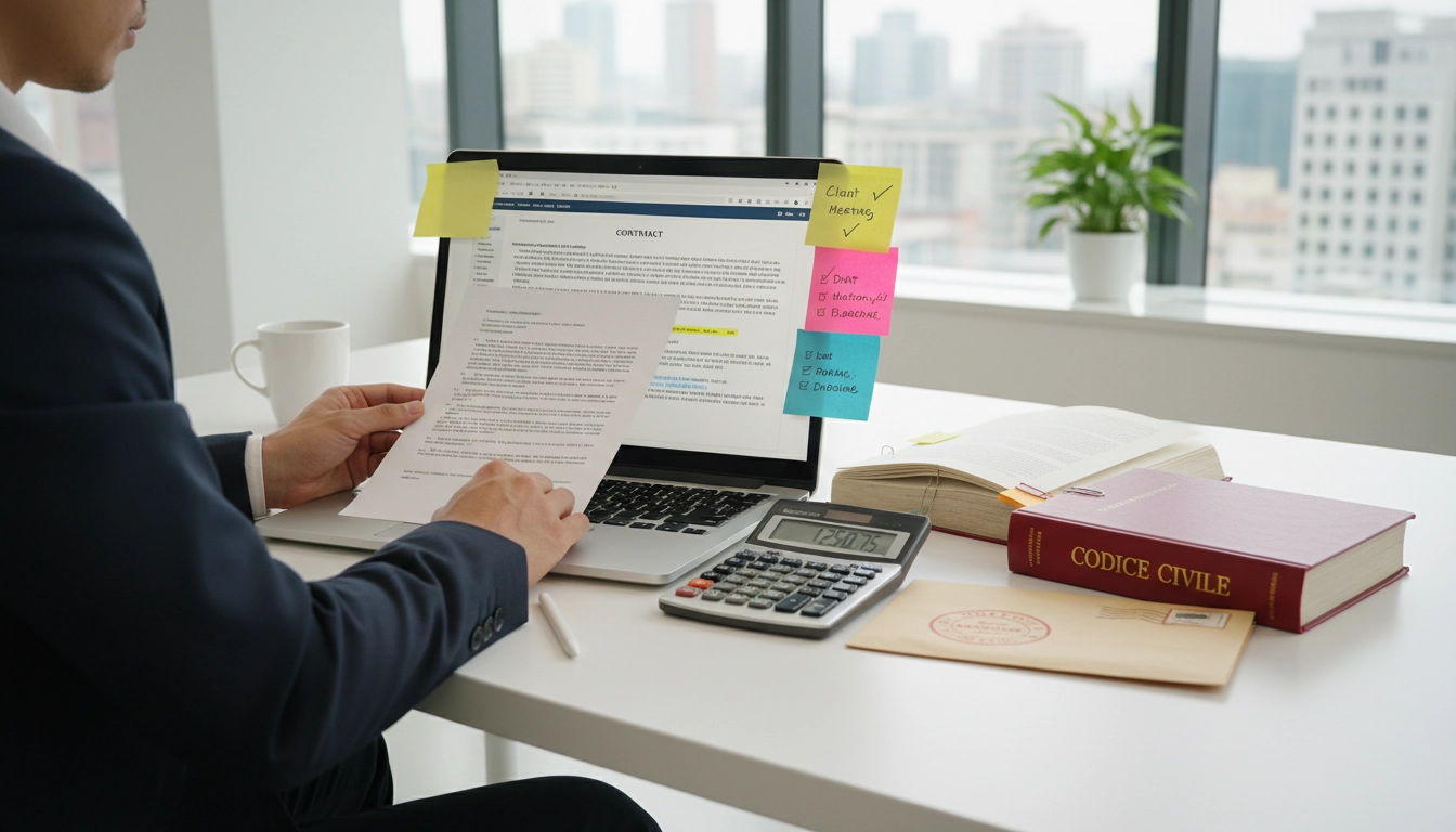 Professionnel vérifiant la liste des mentions obligatoires avant d'envoyer une mise en demeure de paiement