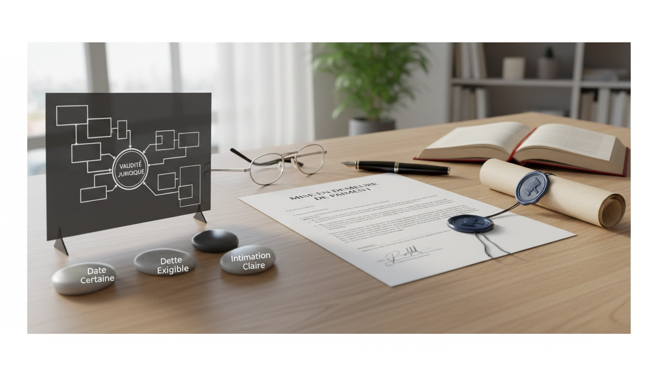 Illustration d'un document de mise en demeure avec les mentions obligatoires visibles sur un bureau professionnel