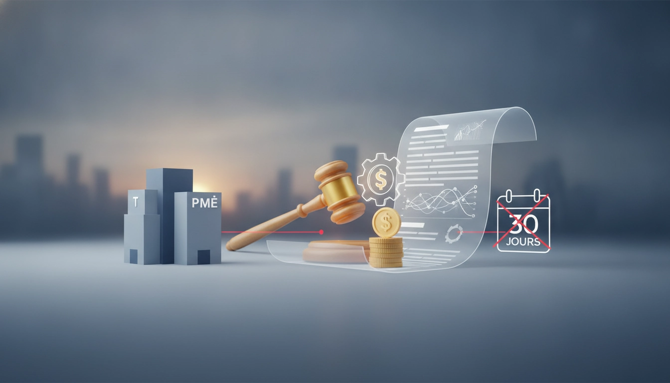 Un entrepreneur consultant ses documents financiers pour vérifier les mentions obligatoires pénalités de retard loi LME TPE PME