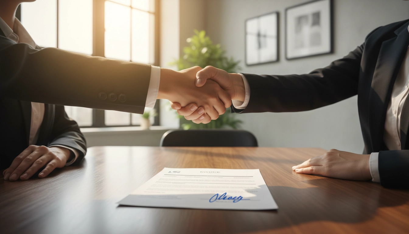 Deux professionnels scellant un accord commercial grâce à une facture conforme et complète