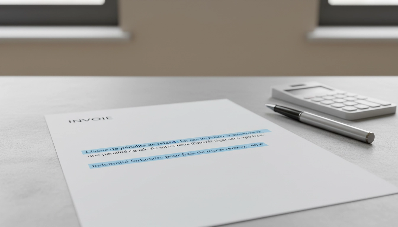 Facture professionnelle avec mentions pénalités de retard conformes à la loi LME visibles en bas de document