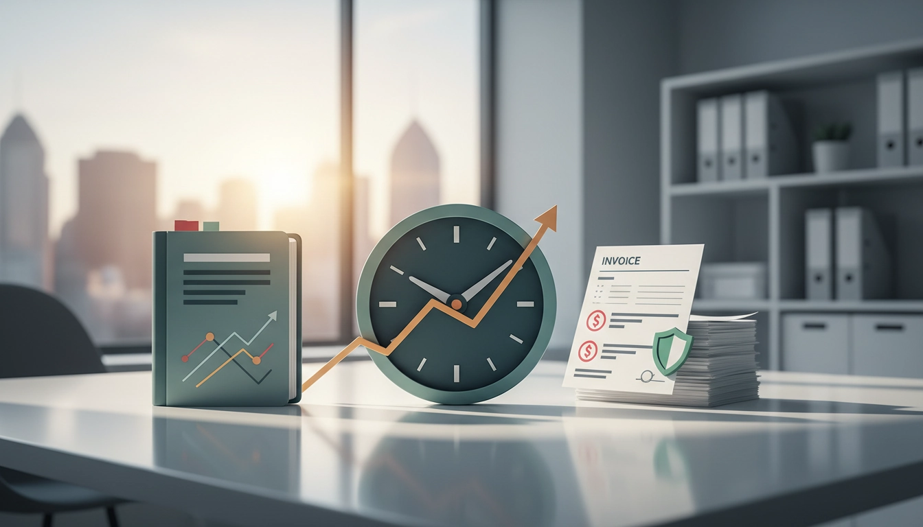 Chef d'entreprise TPE analysant ses factures avec des mentions pénalités de retard pour protéger sa trésorerie