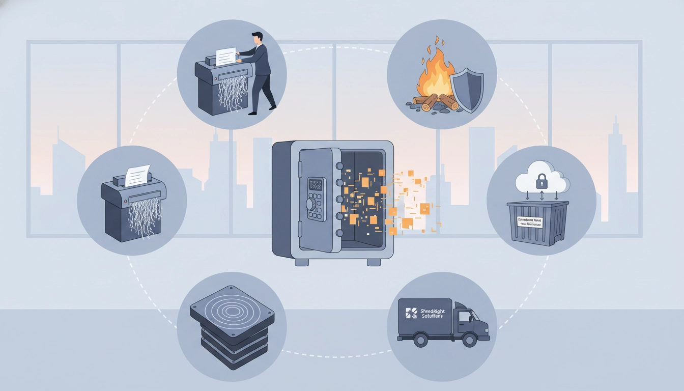 Un employé de petite entreprise utilisant un destructeur de documents pour éliminer ses archives comptables