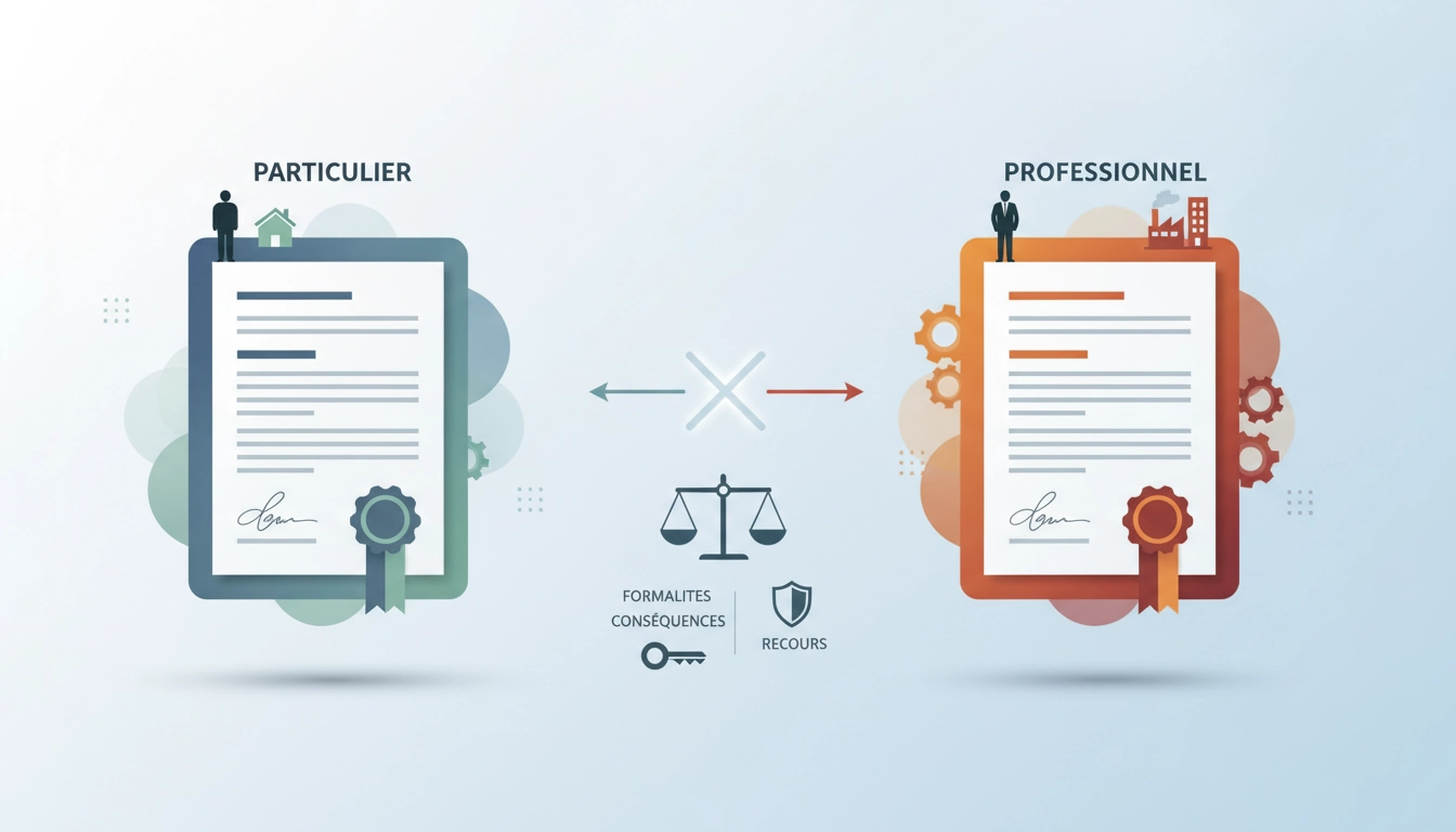 Illustration montrant la différence de procédure pour une mise en demeure client particulier vs professionnel dans un bureau.