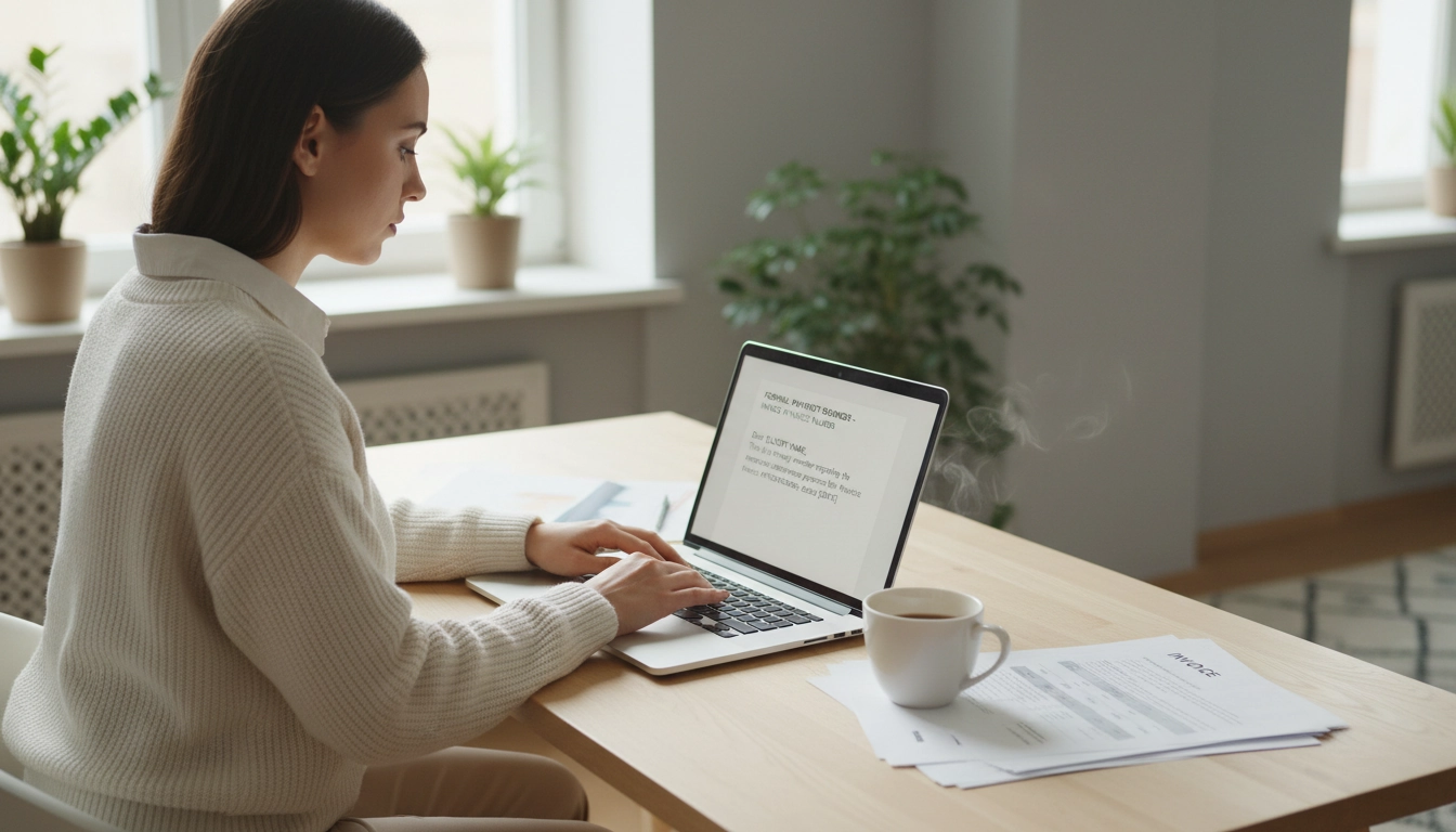 Freelance rédigeant un modèle de relance amiable par email pour une facture impayée