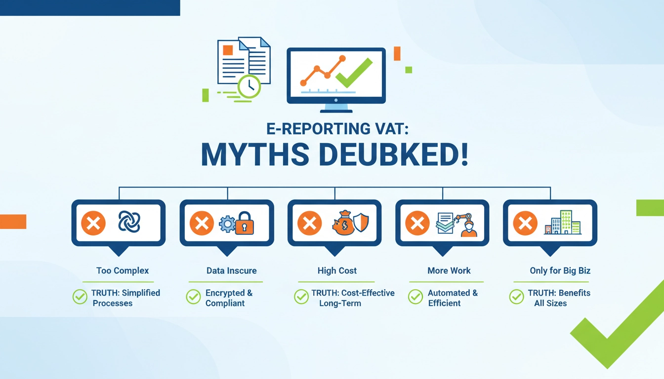 Infographie démystifiant les 5 mythes e-reporting TVA demystification TPE avec symboles de vérité et faux