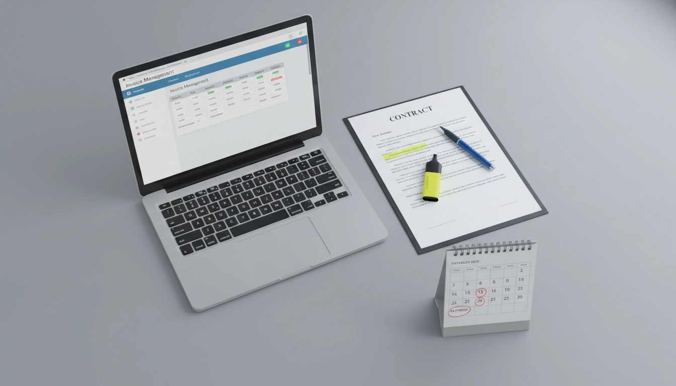 Outil de suivi des délais de paiement et contrat freelance avec clauses de paiement visibles sur un bureau professionnel