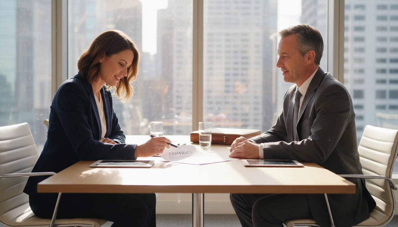 Entrepreneur en train de négocier les délais de paiement avec un grand groupe lors d'une réunion contractuelle