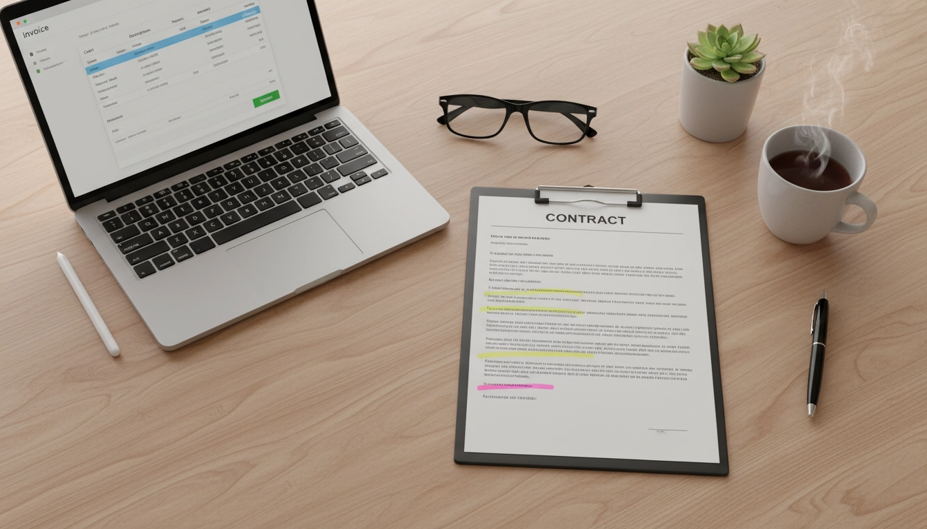 Freelance consultant analysant les clauses de paiement de son contrat pour sécuriser ses encaissements