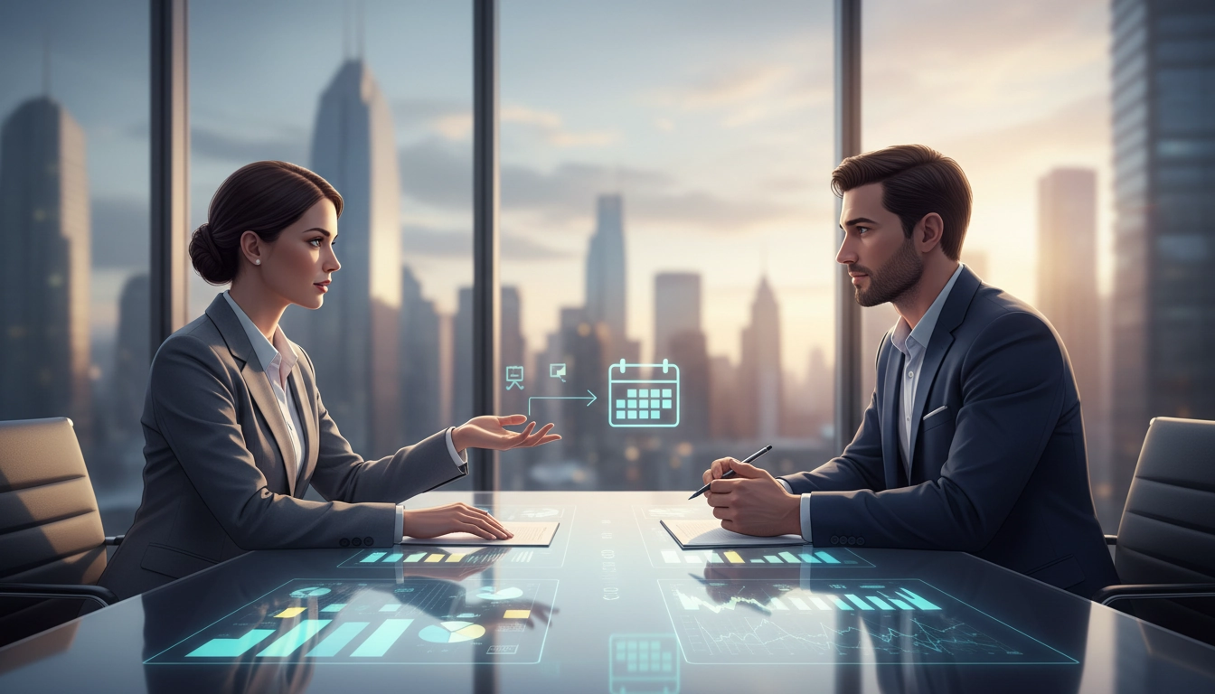 Illustration d'un entrepreneur qui négocie les délais de paiement avec un client lors d'une réunion professionnelle