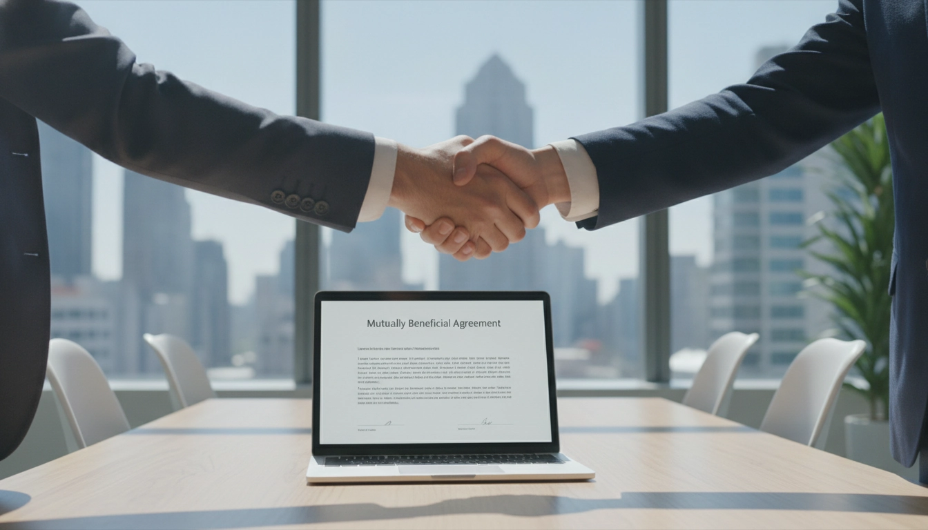 Deux professionnels scellant un accord, illustrant les 5 étapes pour négocier un paiement à réception de facture nouveau client.