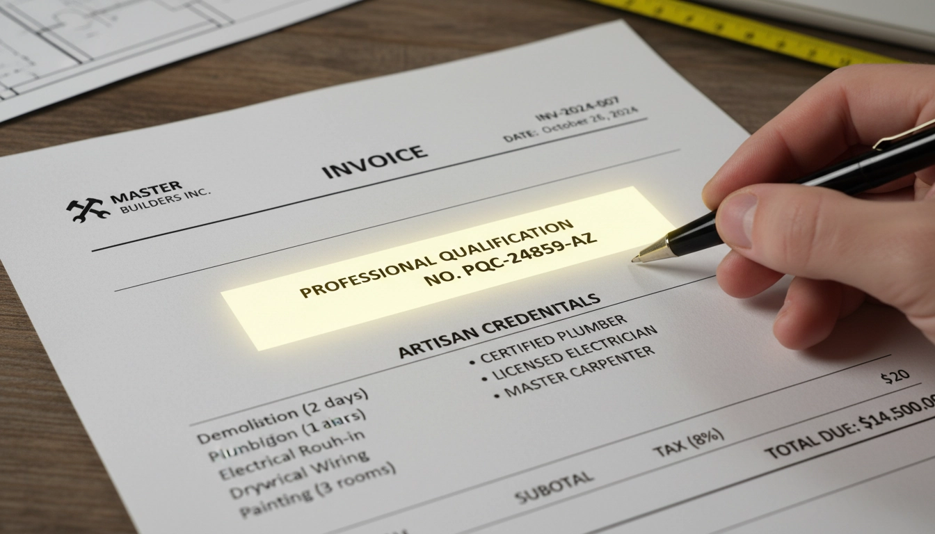 Facture d'artisan avec le numéro de qualification professionnelle artisan facture clairement visible dans l'en-tête