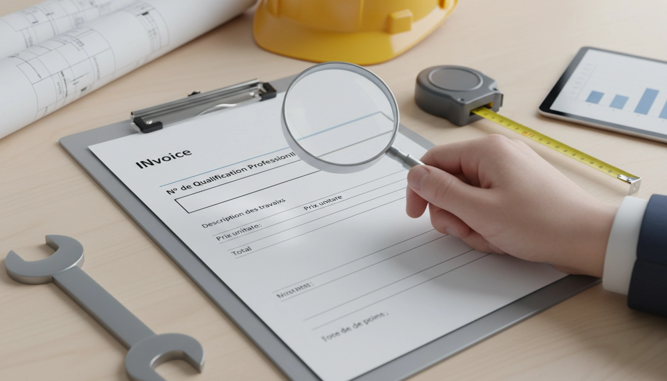 Exemple de numéro de qualification professionnelle artisan facture affiché sur un document commercial