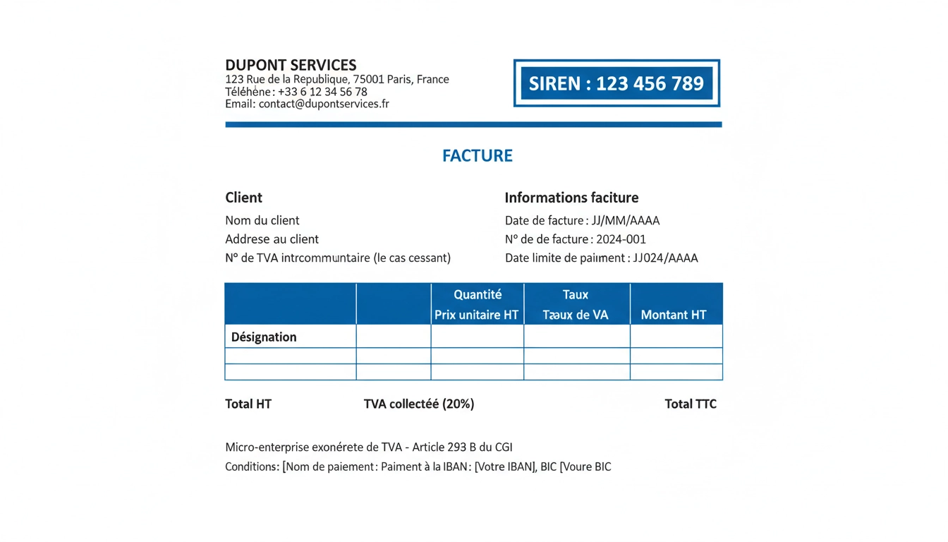Modèle de facture micro-entrepreneur avec numéro SIREN obligatoire sur facture micro-entrepreneur visible dans l'en-tête