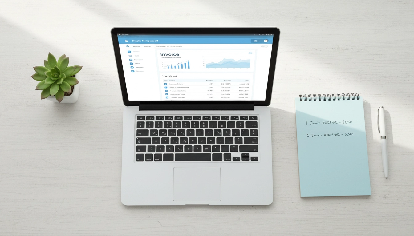 Bureau professionnel avec logiciel de numérotation des factures ouvert sur un ordinateur portable