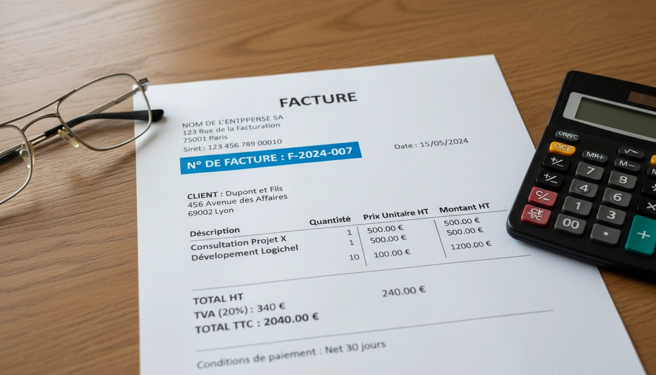 Facture professionnelle française avec numéro de numérotation des factures clairement visible en bleu