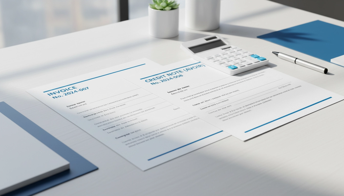 Documents de numérotation des factures d'avoir posés côte à côte sur un bureau organisé avec des numéros séquentiels visibles