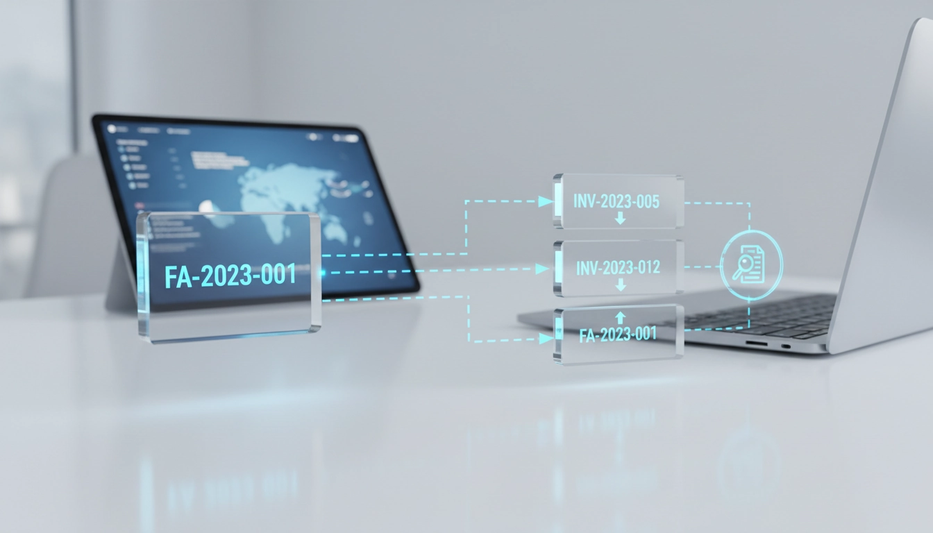 Illustration de la numérotation des factures d'avoir avec un système de séquence organisé et des documents comptables classés