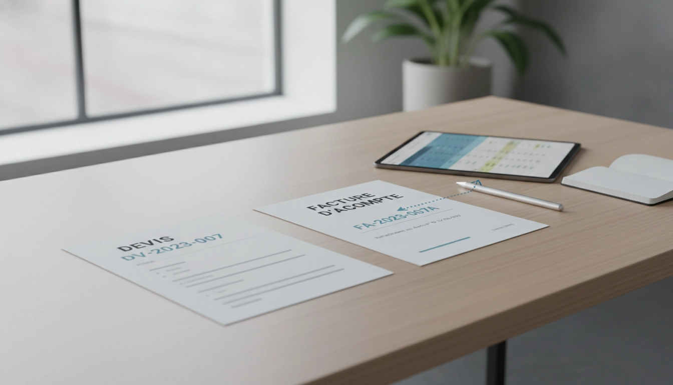 Illustration montrant une numérotation facture acompte liée au devis sur un bureau organisé
