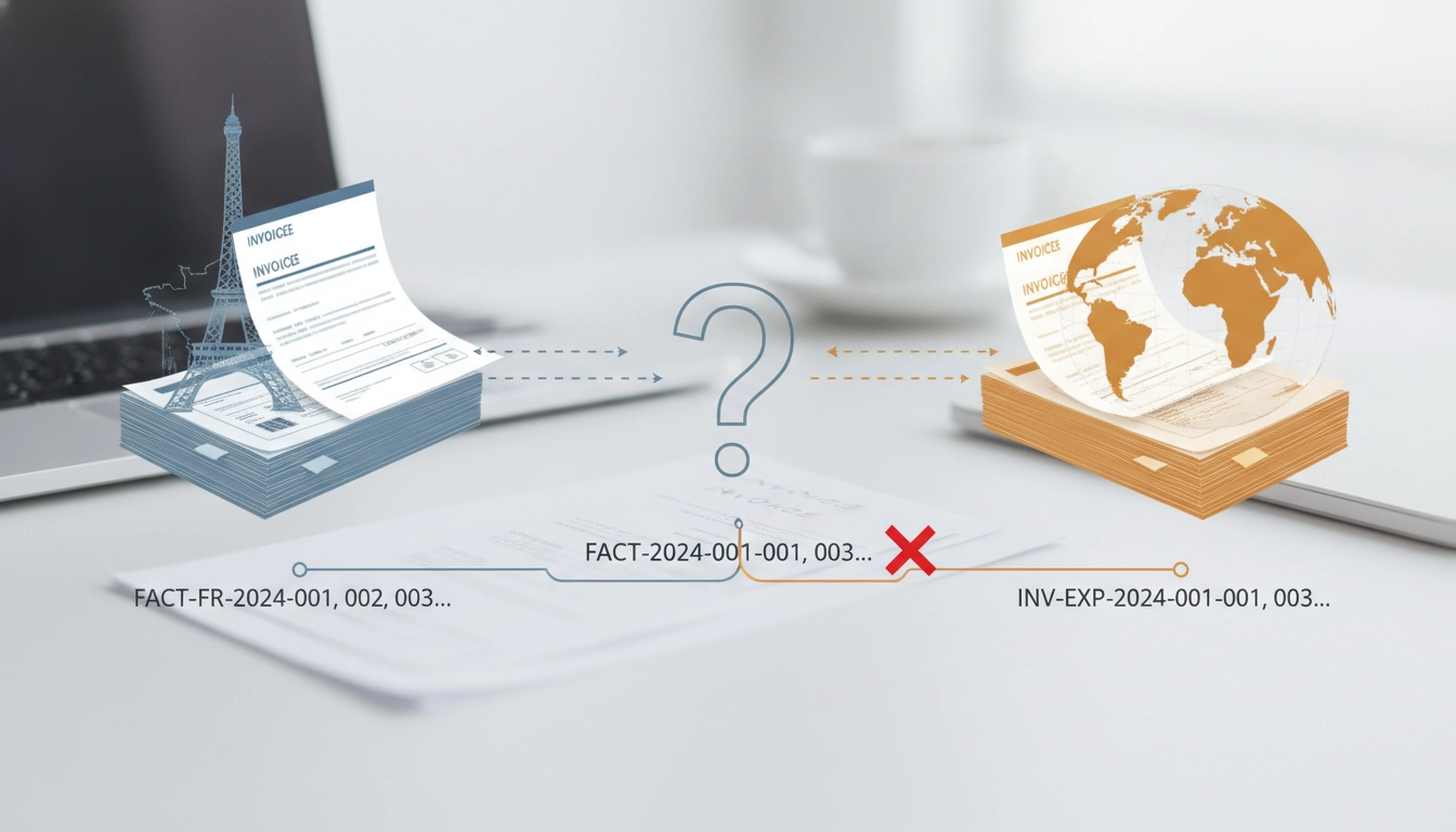 Exemple de numérotation séparée factures France et export international obligation sur un logiciel de gestion.