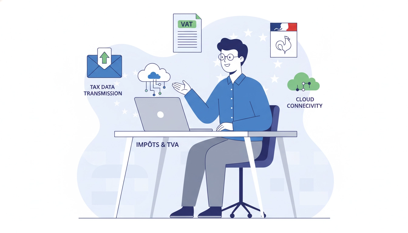Entrepreneur PME français gérant son obligation e-reporting TVA depuis son bureau avec un logiciel en ligne