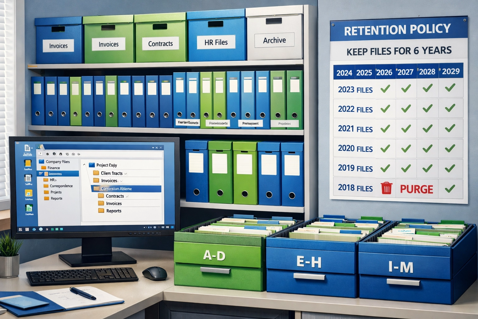 Système d'archivage de factures bien organisé montrant comment organiser archivage factures respecter délais légaux avec classeurs et structure numérique