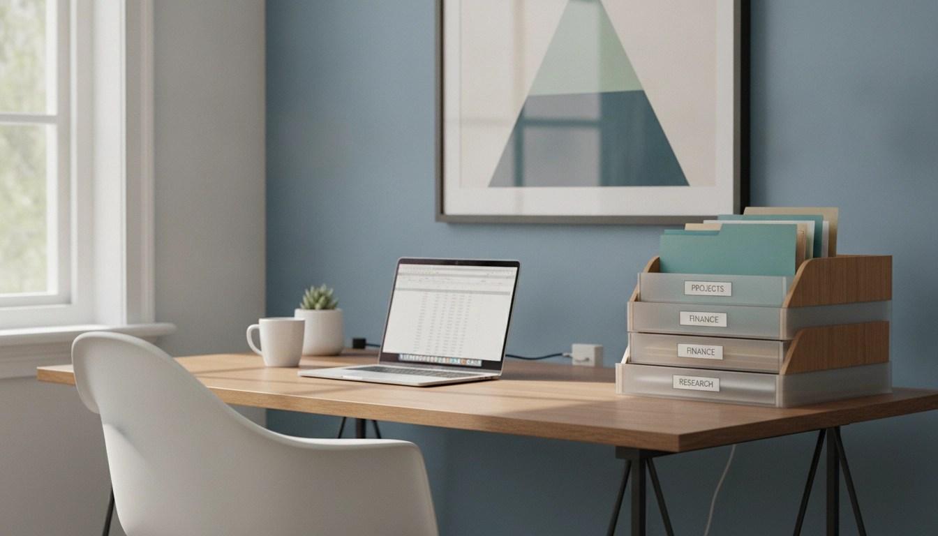 Apprendre comment organiser ses factures papier par ordre chronologique avec des dossiers classés sur un bureau.