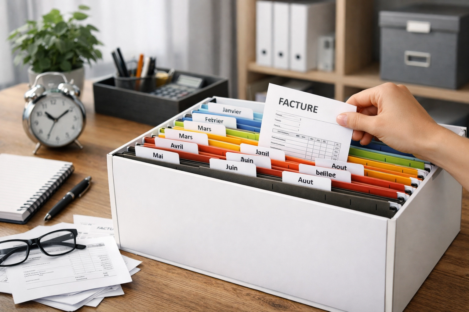 Organisation des factures papier par ordre chronologique avec chemises mensuelles colorées pour un classement facile et rapide