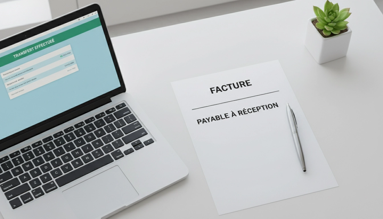 Facture avec mention paiement à réception de facture posée sur un bureau professionnel