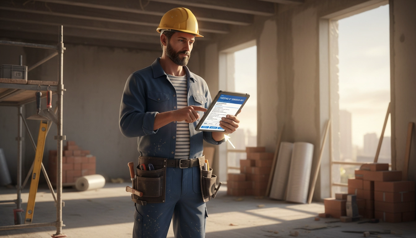 Artisan du BTP envoyant une facture avec paiement à réception depuis un chantier