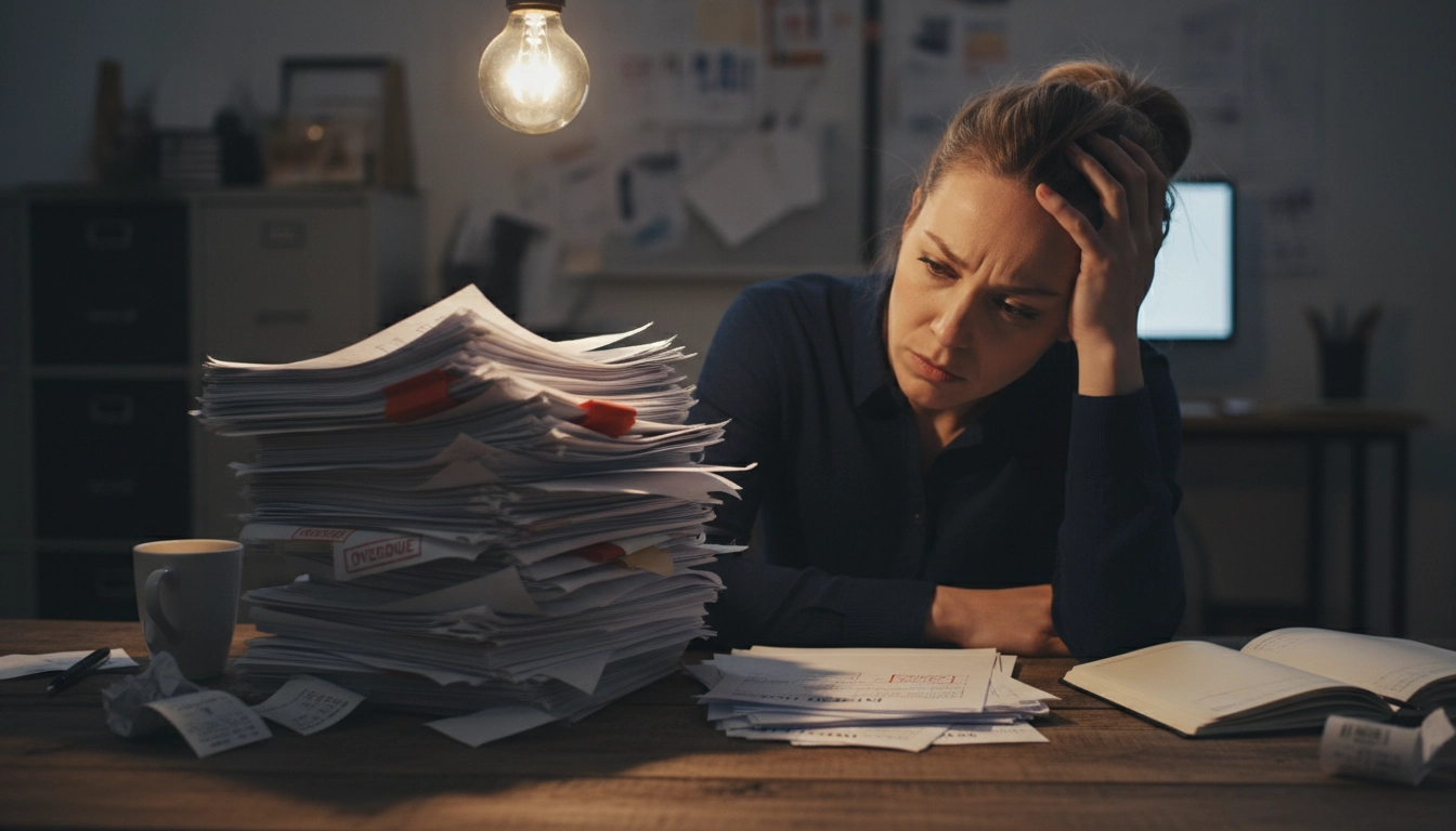 Entrepreneur inquiet analysant ses factures impayées et ses problèmes de trésorerie liés aux retards de paiement.