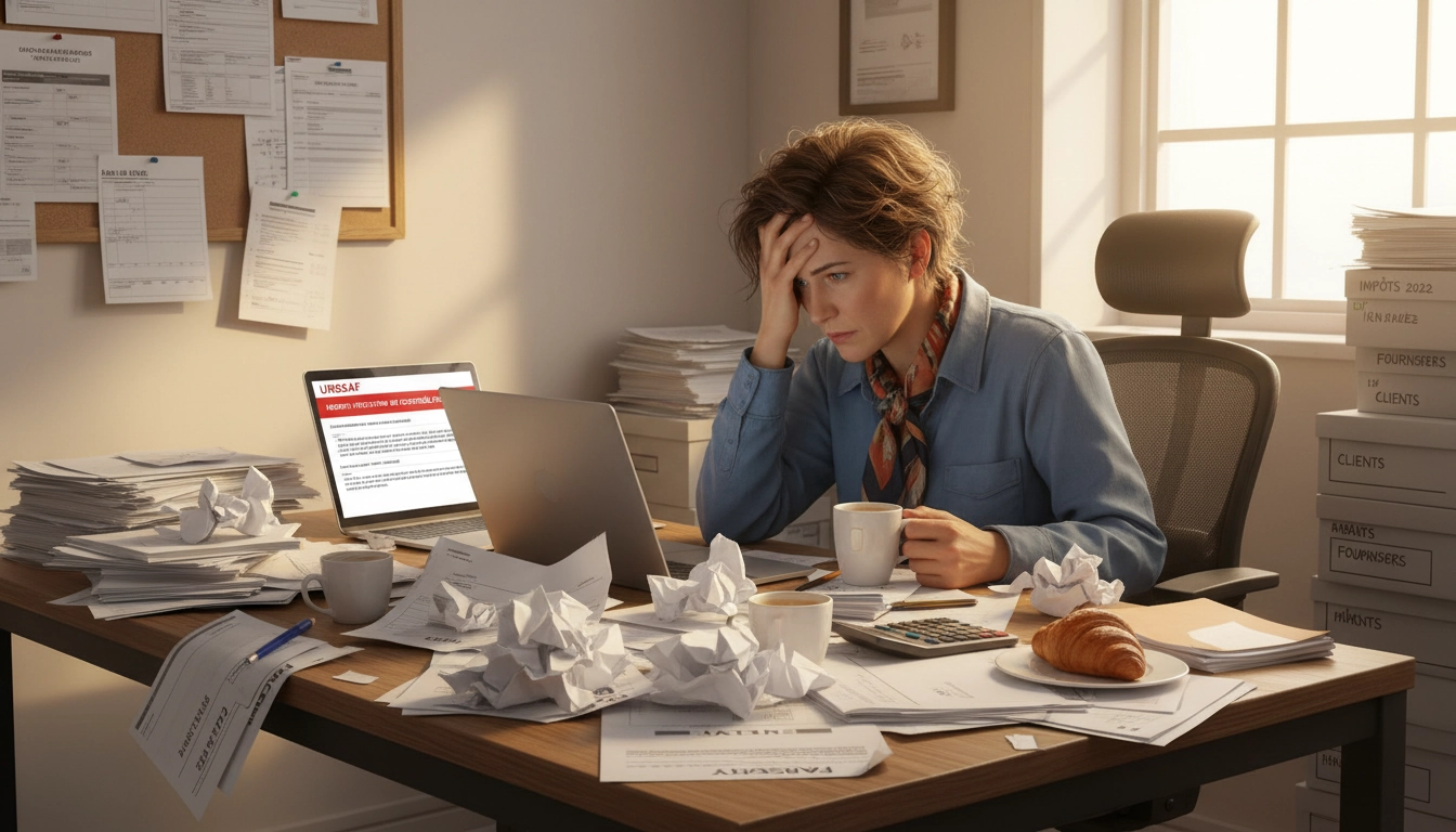 Dirigeant stressé face à une perte de factures lors d'un contrôle fiscal, cherchant ses documents comptables