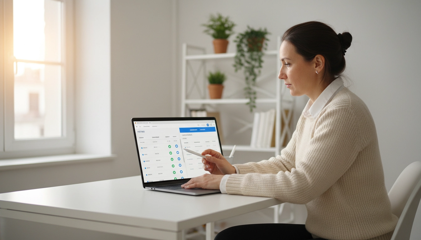 Dirigeante de TPE comparant des solutions de plateforme de dématérialisation partenaire sur son ordinateur