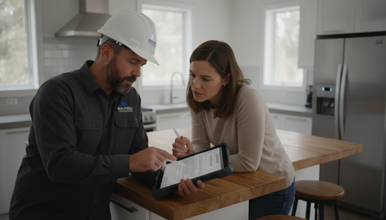 Un professionnel discutant du pourcentage acompte à demander sur un devis travaux avec un client.