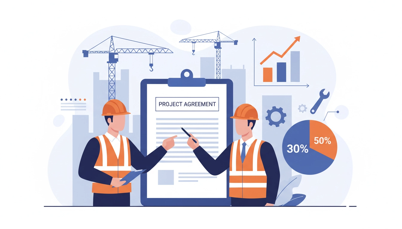Illustration professionnelle montrant le pourcentage acompte standard secteur bâtiment travaux avec contrat et devis