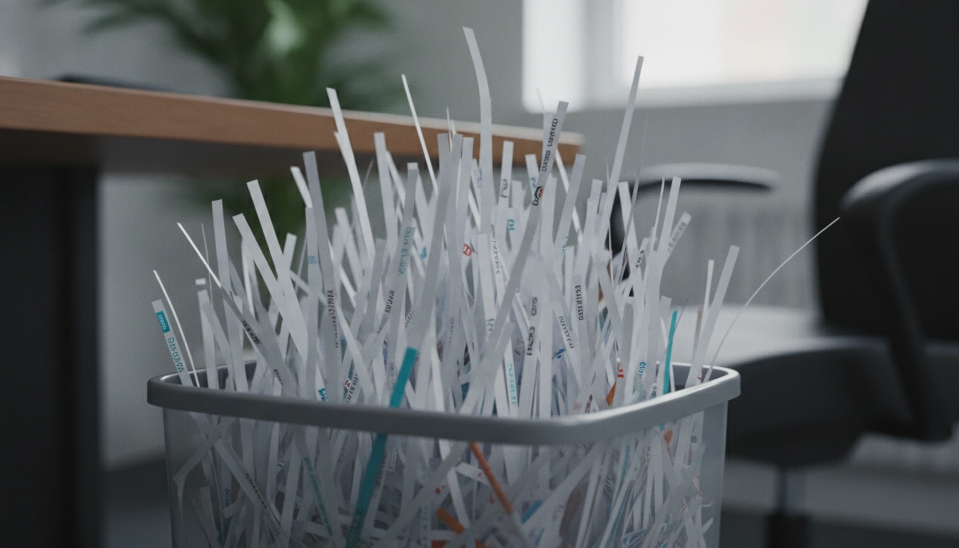 Résidus de papier après la destruction sécurisée de documents comptables.