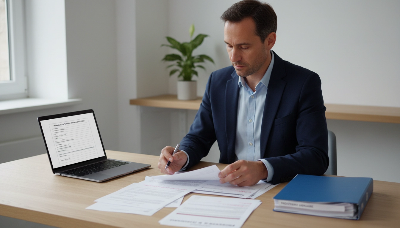 Entrepreneur préparant un dossier pour lancer une procédure d'injonction de payer contre des impayés