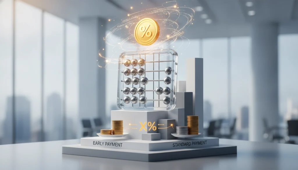Un tableau de bord financier affichant le calcul du taux escompte paiement anticipé proposer à ses clients.