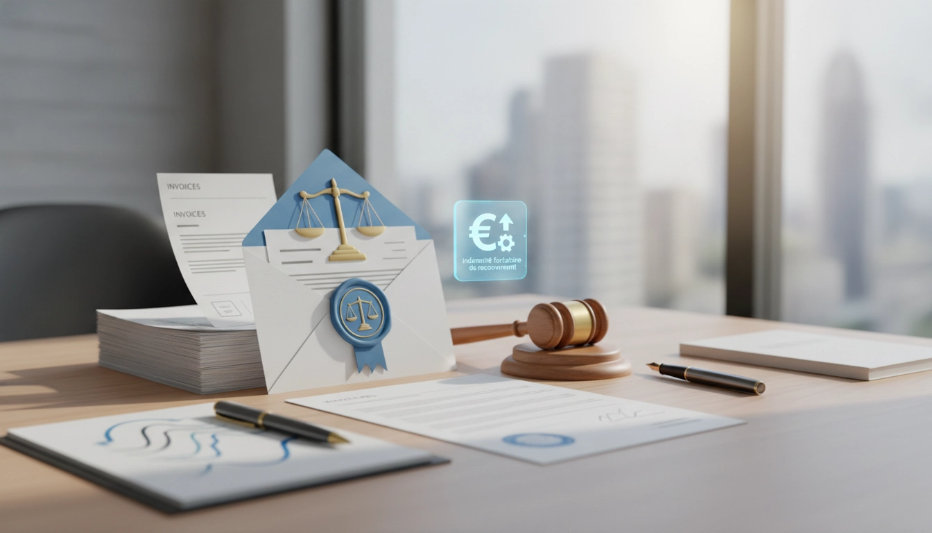Un professionnel consultant des documents financiers pour appliquer l'indemnité forfaitaire de recouvrement.