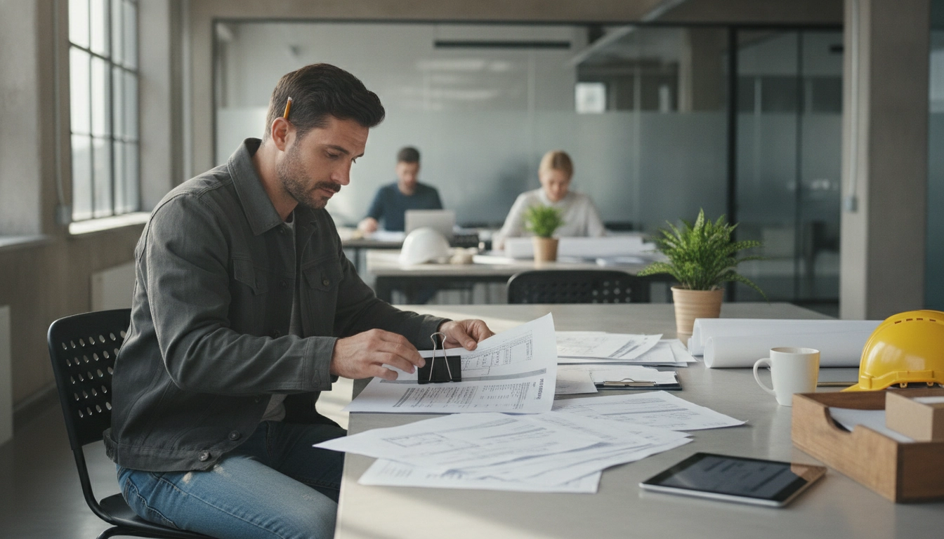 Un professionnel apprenant comment rédiger facture conforme artisan bâtiment étape par étape dans son bureau.
