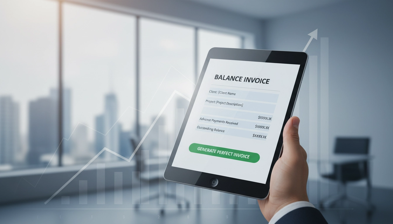 Entrepreneur indépendant en train de rédiger une facture de solde sur ordinateur, avec des documents d'acompte posés sur le bureau