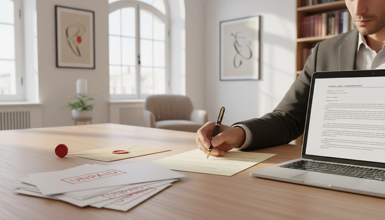 Professionnel en train de rédiger une mise en demeure pour récupérer des factures impayées