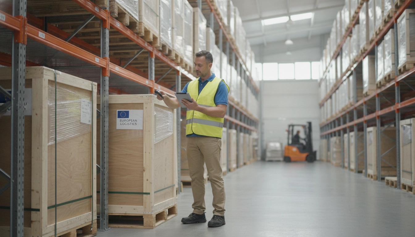 Responsable logistique scannant une livraison de biens pour valider l'expédition intracommunautaire