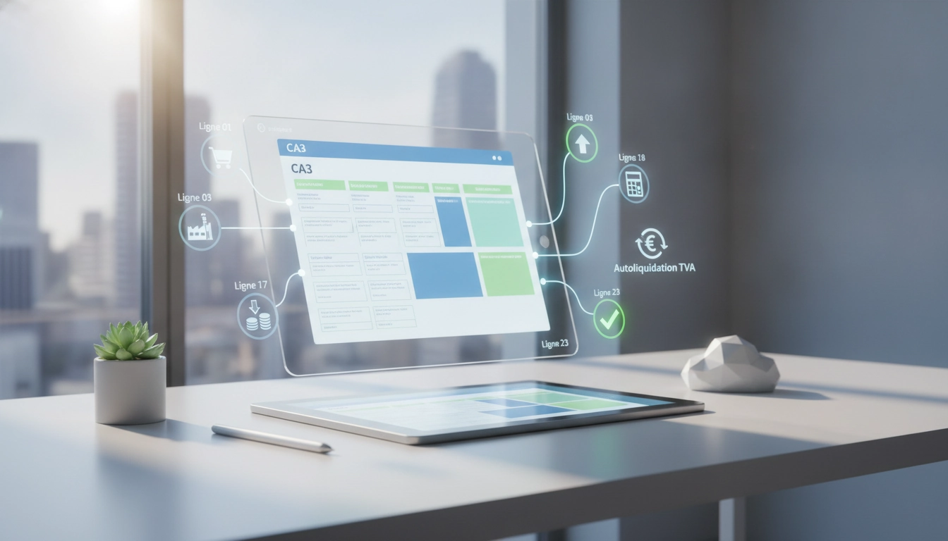Expert comptable expliquant comment remplir déclaration CA3 autoliquidation TVA sur un ordinateur