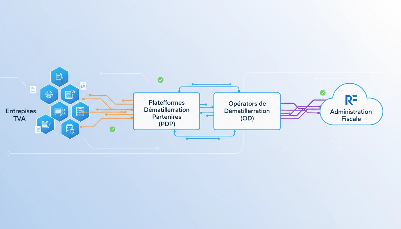 Illustration du rôle PDP OD e-reporting TVA montrant les étapes de transmission de données fiscales