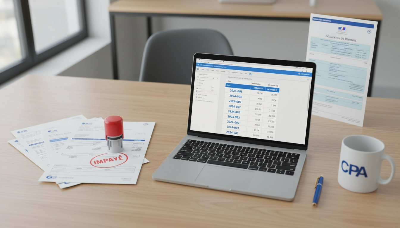 Bureau comptable avec factures françaises illustrant la rupture de séquence de numérotation chronologique et ses conséquences fiscales