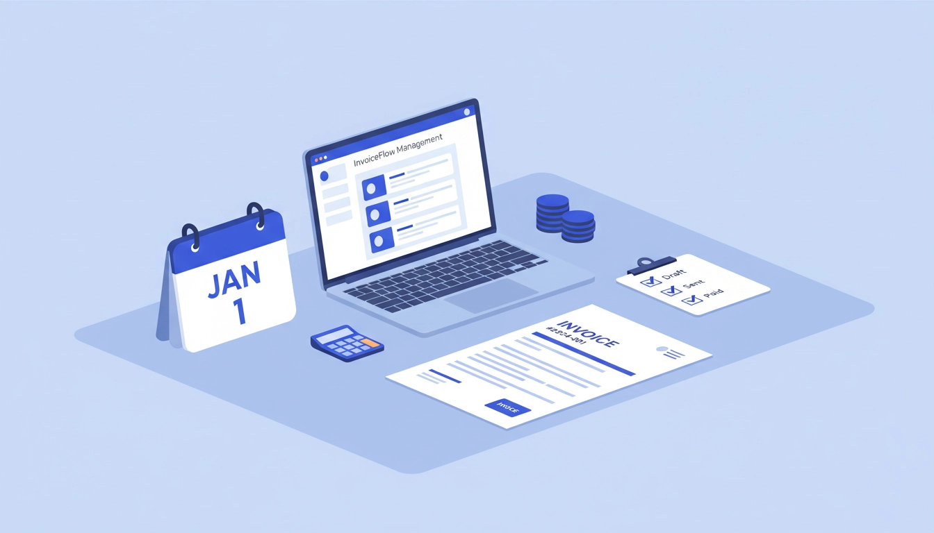 Bureau professionnel avec des factures organisées selon une séquence de numérotation chronologique et un calendrier de début d'année